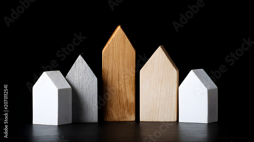 Five small wooden toy houses standing in a horizontal line arrangement against a solid dark black background