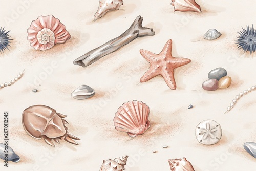 Seamless pattern of various seashells, starfish, sea urchins, and driftwood scattered on a sandy beach background, hand drawn watercolor style