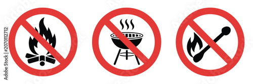 Konstfotografi No open fire signs, prohibition vector set of red warning circle icons with crossed flames, grill, and match symbols for safety regulations, hazard prevention, and public signage design