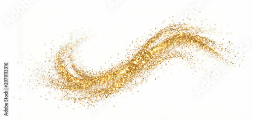 Twisting double helix wave of magical glowing gold dust particles isolated on transparent background