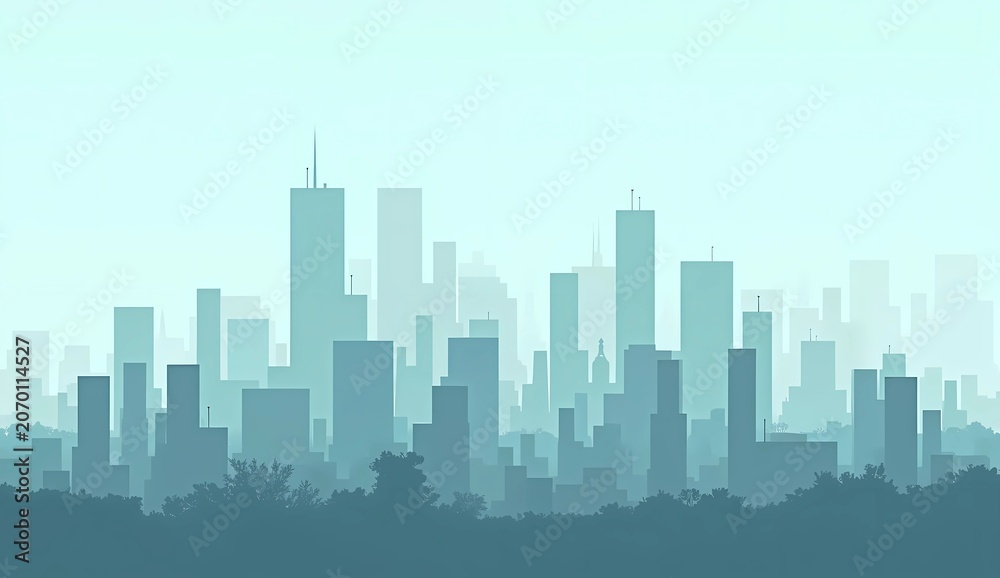 Fototapeta premium Minimalist Blue Teal City Skyline Silhouette with Trees Foreground