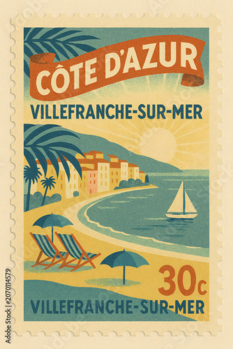 A Vintage Style Côte D'azur Postage Stamp Illustration Featuring A Sunny Beach Scene In Villefranche Sur Mer With Lounge Chairs A Sailboat And Coastal Buildings