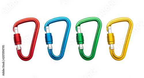 Four colorful locking climbing carabiners in red blue green and yellow isolated on transparent background.