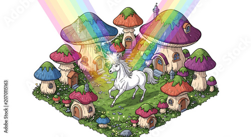 White horse in fantasy mushroom village.