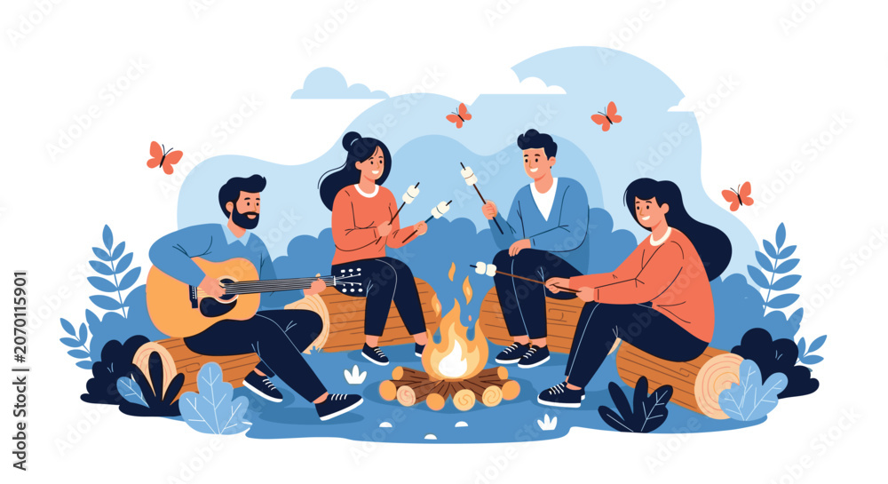 Fototapeta premium Happy group of friends gathers around a cozy campfire to play guitar and roast marshmallows in a forest clearing.