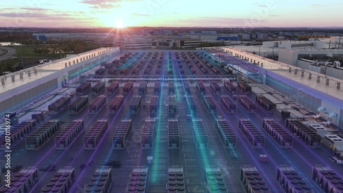 Tableau sur toile Aerial of AI data center rooftop at sunset with animated 3D purple teal network