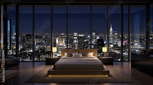 Modern penthouse bedroom overlooking the city skyline at night