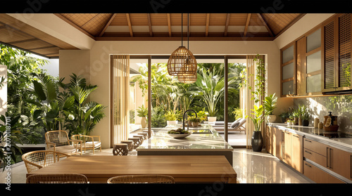 Modern tropical kitchen and dining area overlooking lush garden