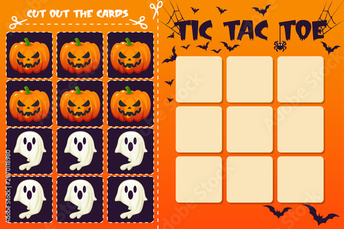 Fotografie Halloween Tic Tac Toe board game card with pumpkins and ghosts
