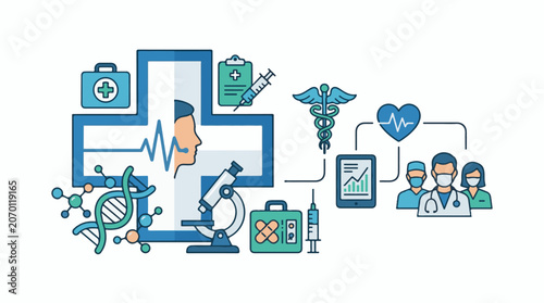 A medical illustration featuring a large blue cross with a person's head and an ECG line