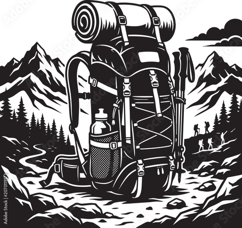 Hiking Backpack with Sleeping Bag and Water Bottle on Mountain Trail,Generative Ai