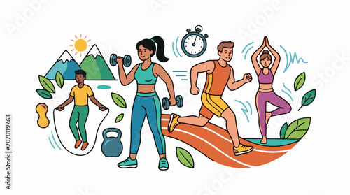 A lively illustration of four people engaging in various fitness activities outdoors