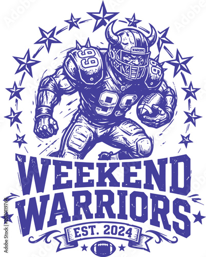 Aggressive Football Mascot Warrior Illustration in Vintage Style with Stars Background,Generative Ai