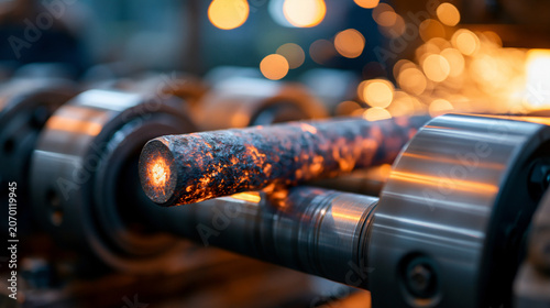 Close up of red hot metal billet shaped by industrial rollers in glowing metallurgical processing with precision and force