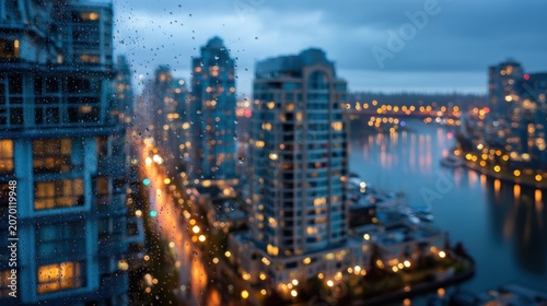 Night Cityscape with High-Rise Buildings and Illuminated Waterfront View