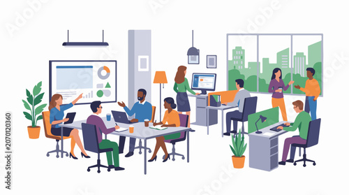A group of diverse people working and collaborating in an office setting