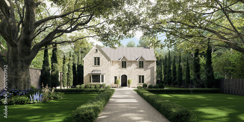 Elegant stone country house framed by mature trees and formal landscaped garden