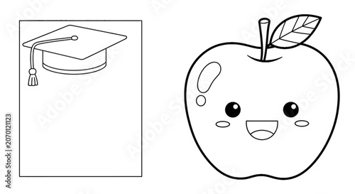 Cute apple character and graduation cap coloring page