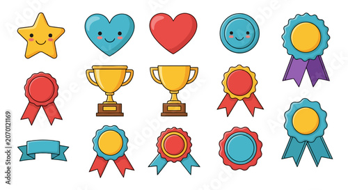 Collection of cute reward icons with happy faces