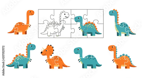 Colorful dinosaur jigsaw puzzle pieces for children learning