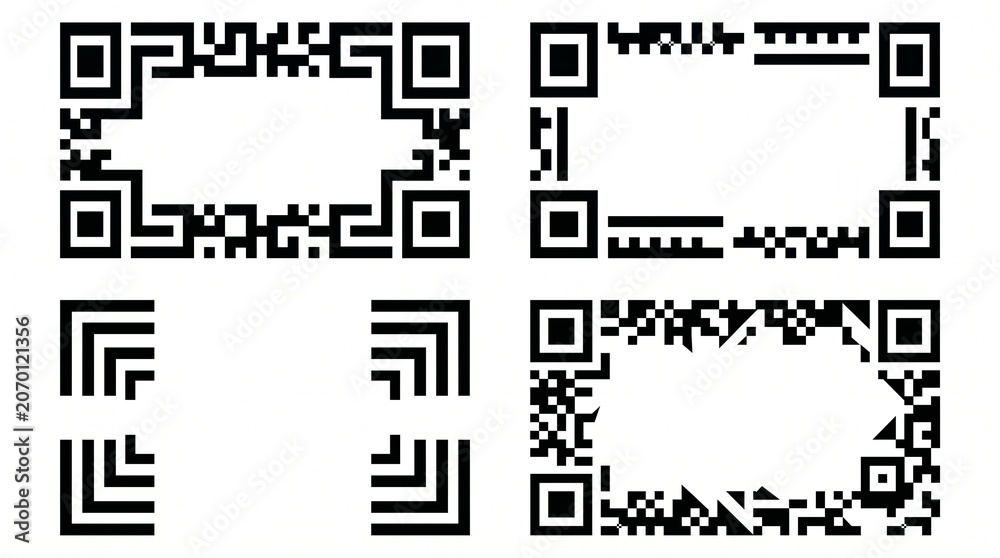 Fototapeta premium Essential Graphic Elements Diverse QR Code Frames and Corner Components for Modern Document Digitalization and Secure Data Encoding