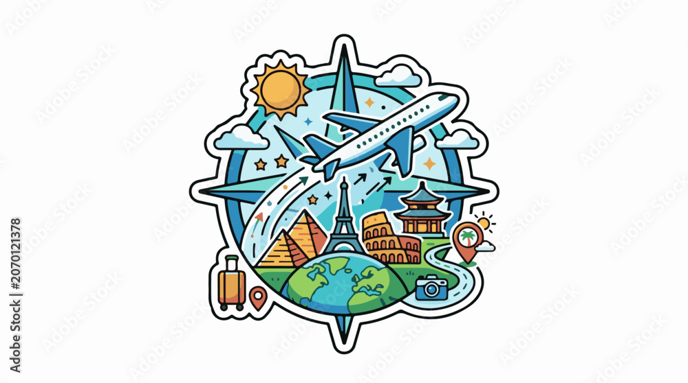Obraz premium A colorful illustration of a plane flying over famous landmarks and the globe