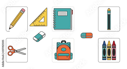 Colorful school supplies and stationery set icons