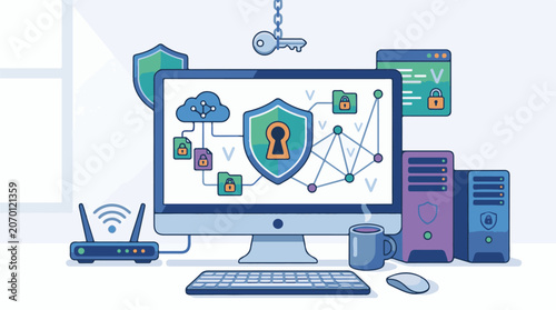 A computer setup with a monitor displaying a shield and keyhole, symbolizing cybersecurity