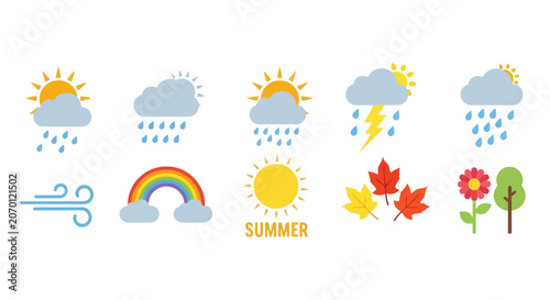 Weather and seasonal icons collection with sun rain and rainbow