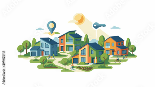 A colorful neighborhood illustration with houses, trees, people, and a map pin