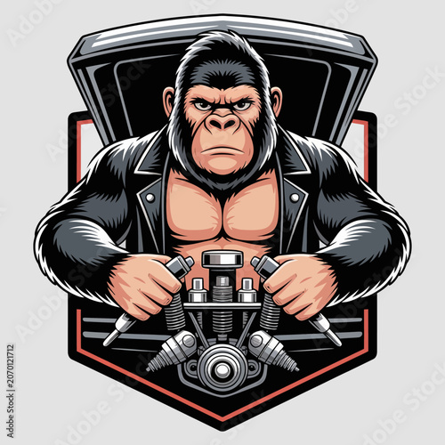 Gorilla wearing leather jacket holding engine.