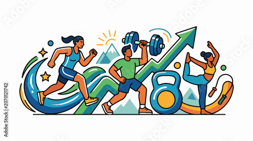 A colorful illustration of three people engaging in various fitness activities (1)