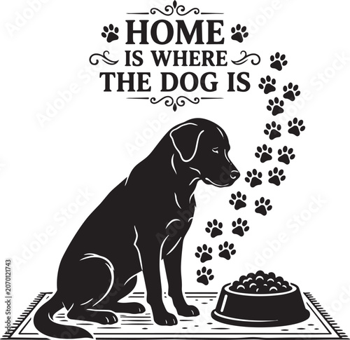 Black Labrador Dog Sitting Next to Food Bowl in Cozy Home Setting,Generative Ai