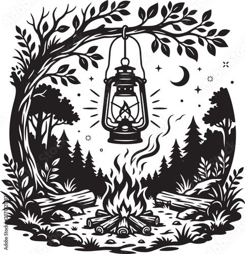 Hanging lantern above campfire in forest at night,Generative Ai