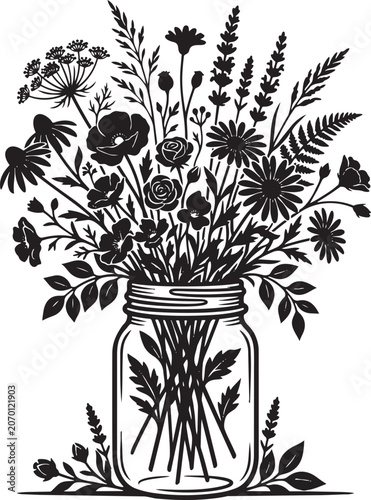 Hand Drawn Wildflower Bouquet in Vintage Mason Jar Vector Illustration,Generative Ai