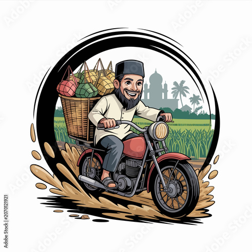 Man riding motorcycle with basket of fruits.