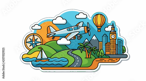 A colorful illustration of a scenic landscape with a plane, hot air balloon, and cityscape