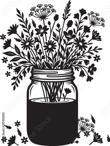 Black and White Illustration of Wildflowers in a Mason Jar,Generative Ai