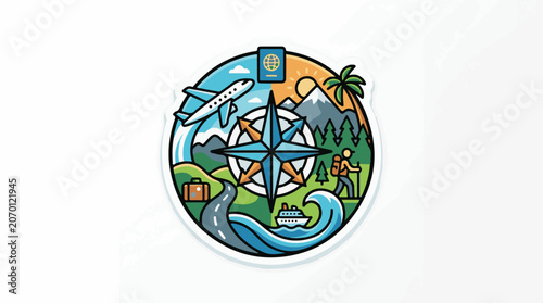A colorful illustration of a globe with travel-related icons (2)