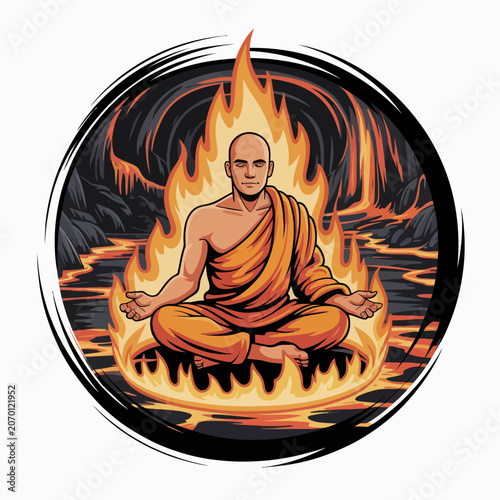 Meditating Monk Surrounded by Flames Artwork.