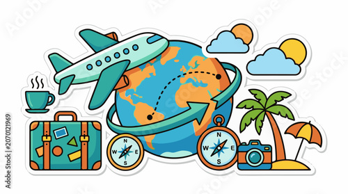 A colorful illustration of a globe with an airplane, suitcase, and travel accessories