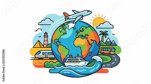 A colorful illustration of a globe surrounded by various modes of transportation (2)