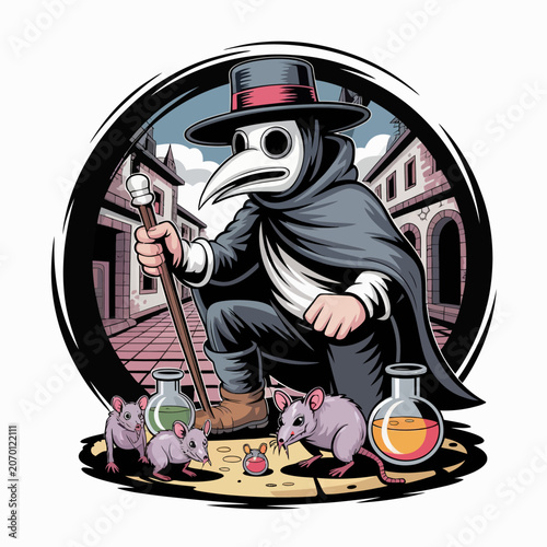Plague Doctor with Potions and Rats Illustration.