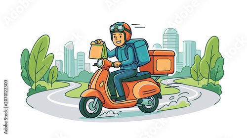 A cartoon delivery person rides an orange scooter through a city