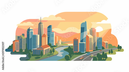 A colorful cityscape with a river and road