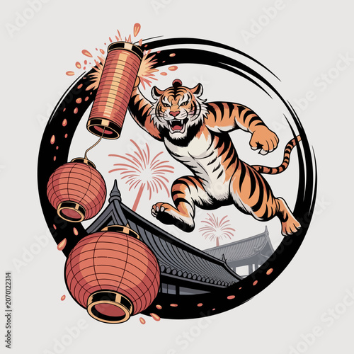 Tiger leaping with lanterns and fireworks.