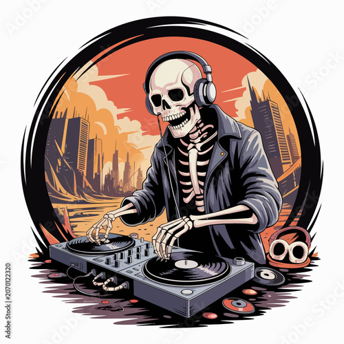 Skeleton DJ with headphones and turntables.