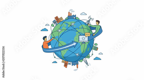 Illustration of globe with people and objects