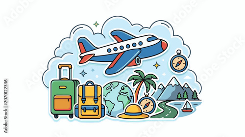 A colorful cartoon illustration of a travel scene with an airplane, luggage, and various landmarks