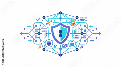 A blue shield with a keyhole surrounded by lines, arrows, and icons on a white background